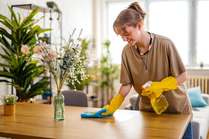 A young woman doing some spring cleaning at her home, specifically wiping down the counters